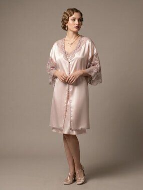 Two Piece Set | Rare vintage pink Colesce Couture négligée slip dressing gown